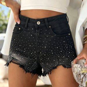 Μαύρο τζιν σορτσάκι με στρας και ξέφτια